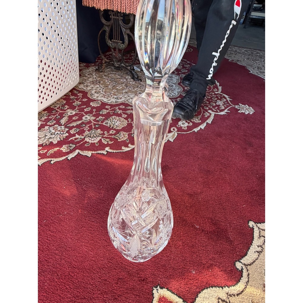 Vintage Cut Crystal Wine Decanter with Handle and Stopper Clear Glass Barware